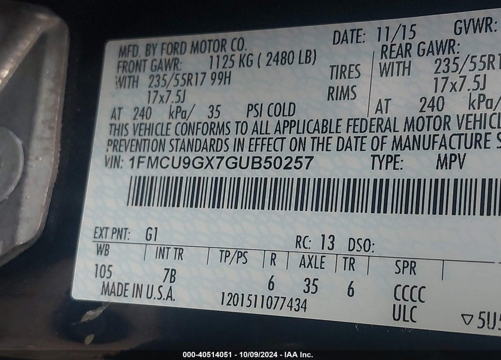 2016 FORD ESCAPE SE VIN: 1FMCU9GX7GUB50257
