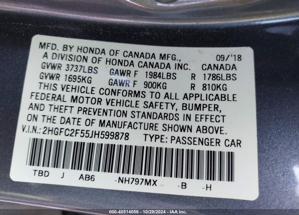 2018 HONDA CIVIC LX VIN: 2HGFC2F55JH599878