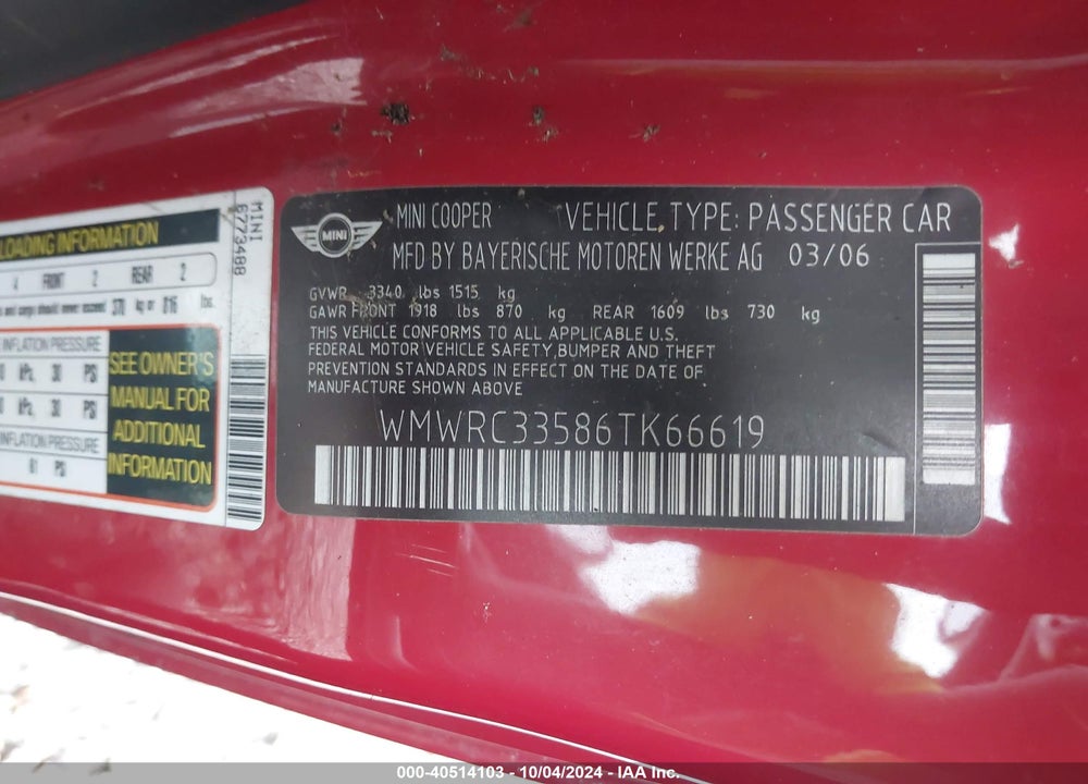 2006 MINI COOPER VIN: WMWRC33586TK66619