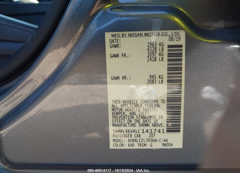 2020 NISSAN ALTIMA SL FWD VIN: 1N4BL4EV4LC141741