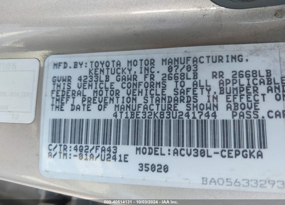 2003 TOYOTA CAMRY XLE VIN: 4T1BE32K83U241744