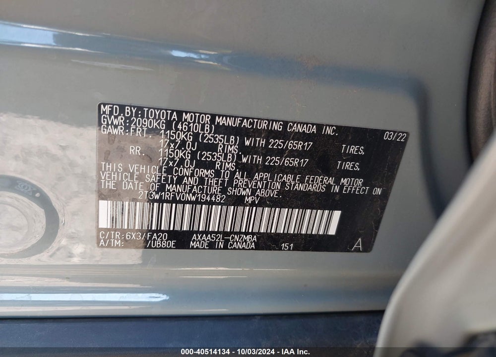 2022 TOYOTA RAV4 XLE VIN: 2T3W1RFV0NW194482