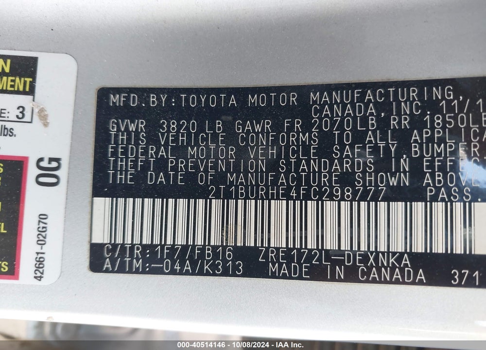 2015 TOYOTA COROLLA LE VIN: 2T1BURHE4FC298777