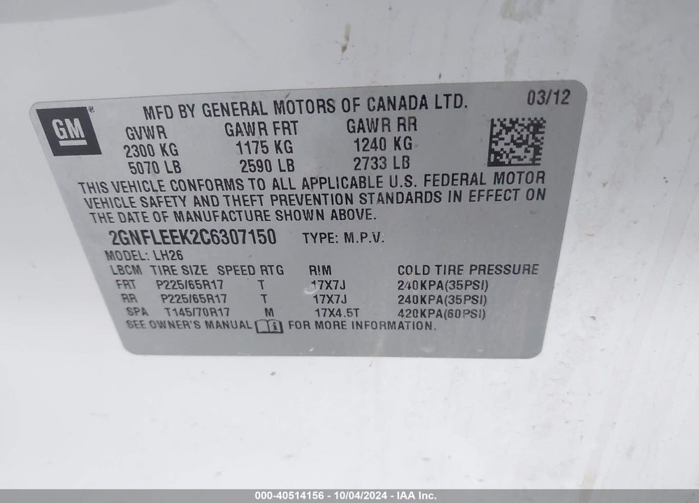 2012 CHEVROLET EQUINOX 1LT VIN: 2GNFLEEK2C6307150