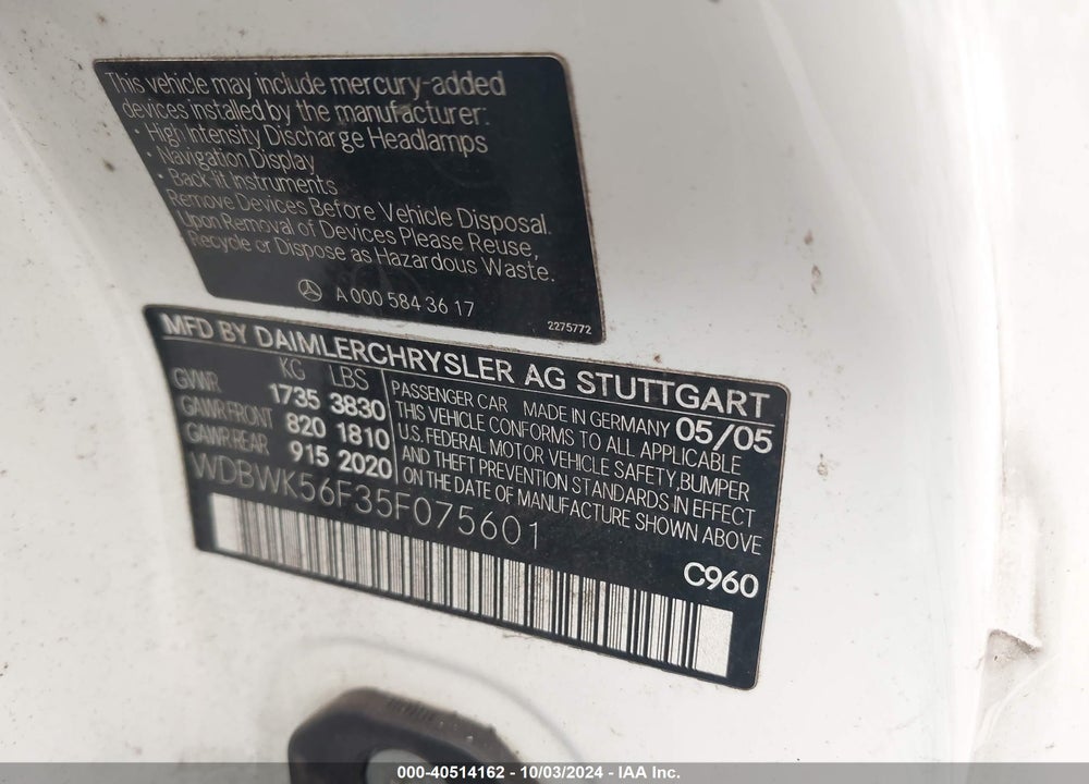2005 MERCEDES-BENZ SLK 350 VIN: WDBWK56F35F075601