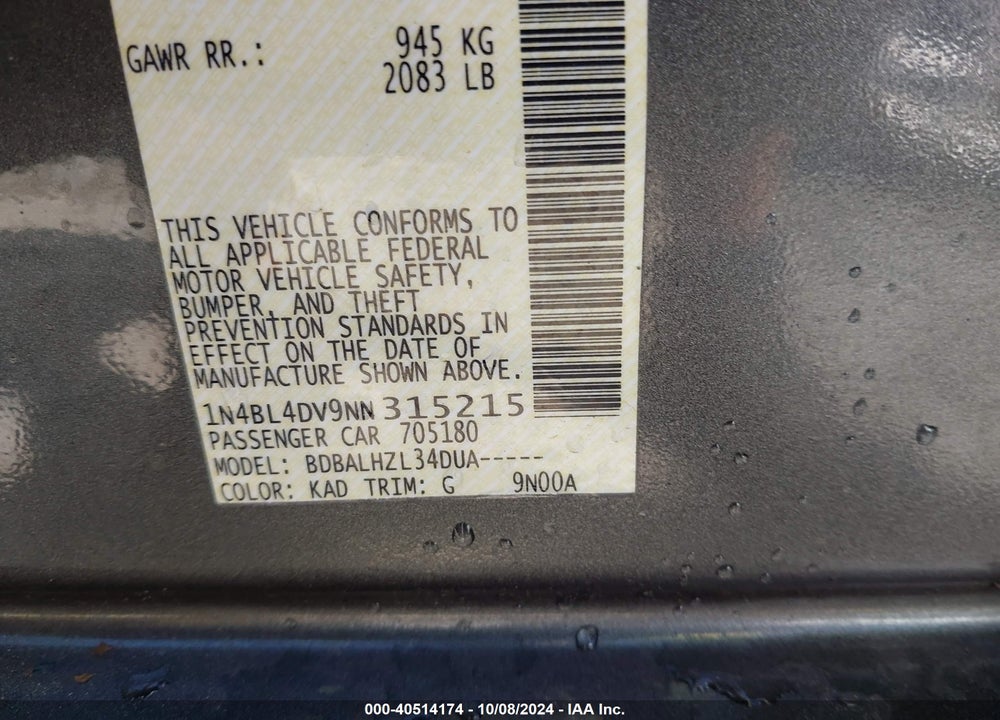 2022 NISSAN ALTIMA SV FWD VIN: 1N4BL4DV9NN315215