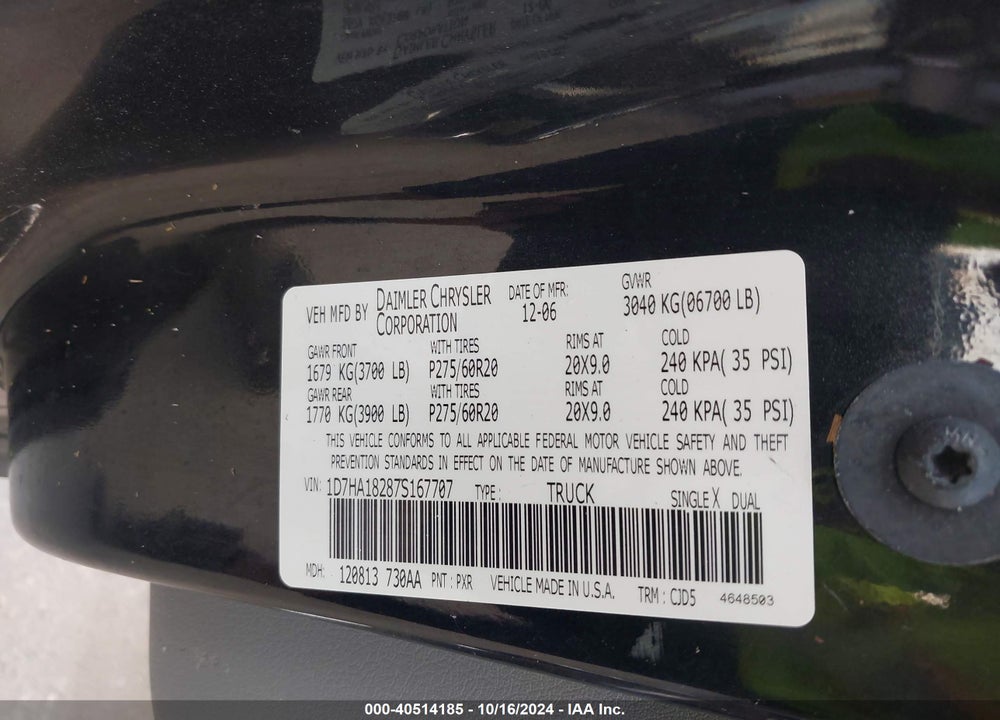 2007 DODGE RAM 1500 SLT VIN: 1D7HA18287S167707