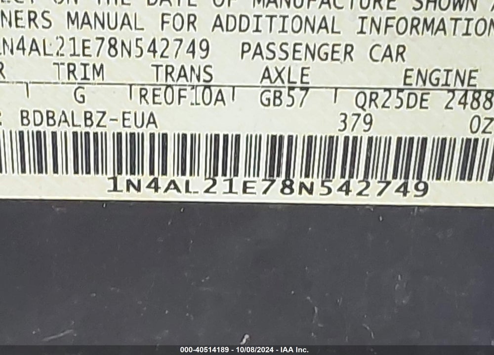 2008 NISSAN ALTIMA 2.5 S VIN: 1N4AL21E78N542749