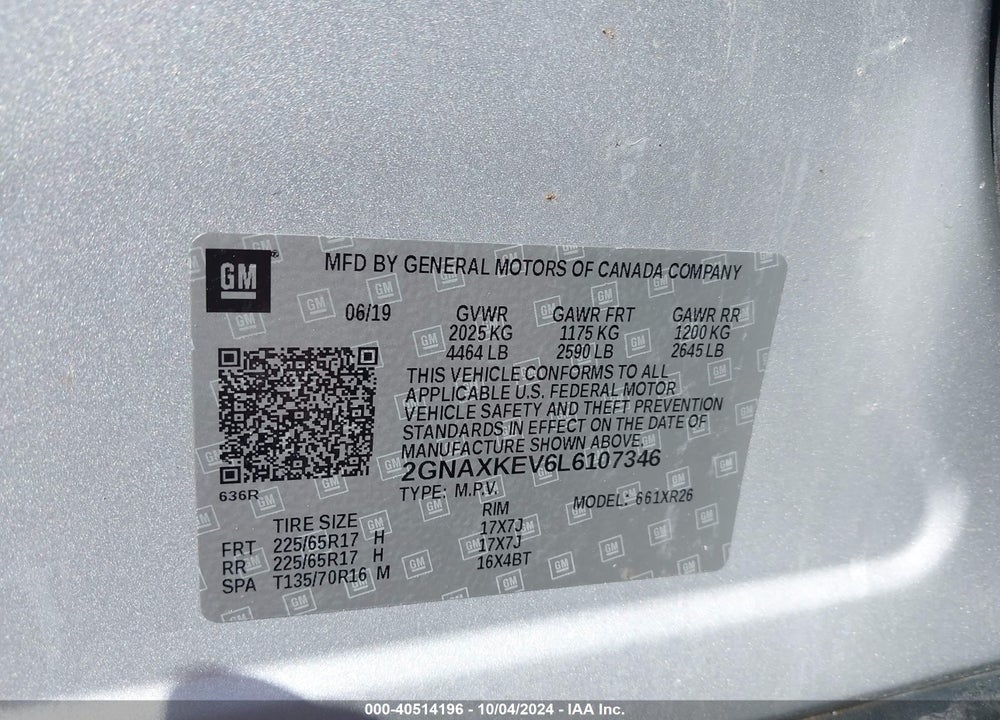 2020 CHEVROLET EQUINOX FWD LT 1.5L TURBO VIN: 2GNAXKEV6L6107346