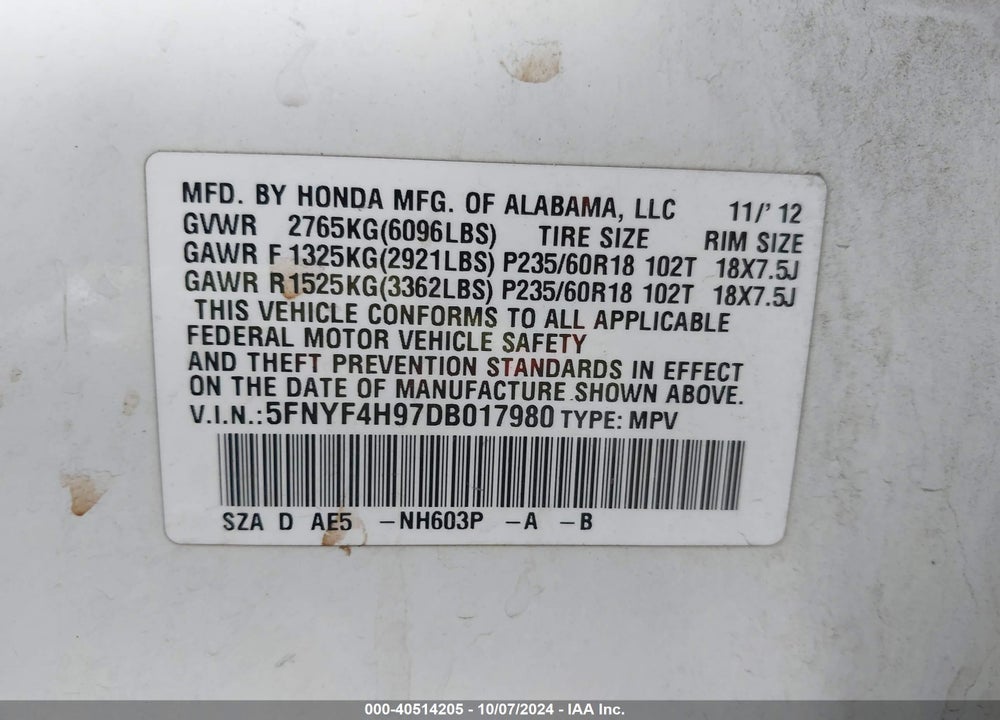 2013 HONDA PILOT TOURING VIN: 5FNYF4H97DB017980