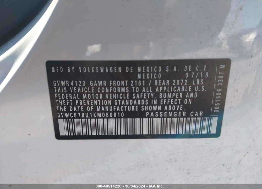 2019 VOLKSWAGEN JETTA 1.4T R-LINE/1.4T S/1.4T SE VIN: 3VWC57BU1KM080610