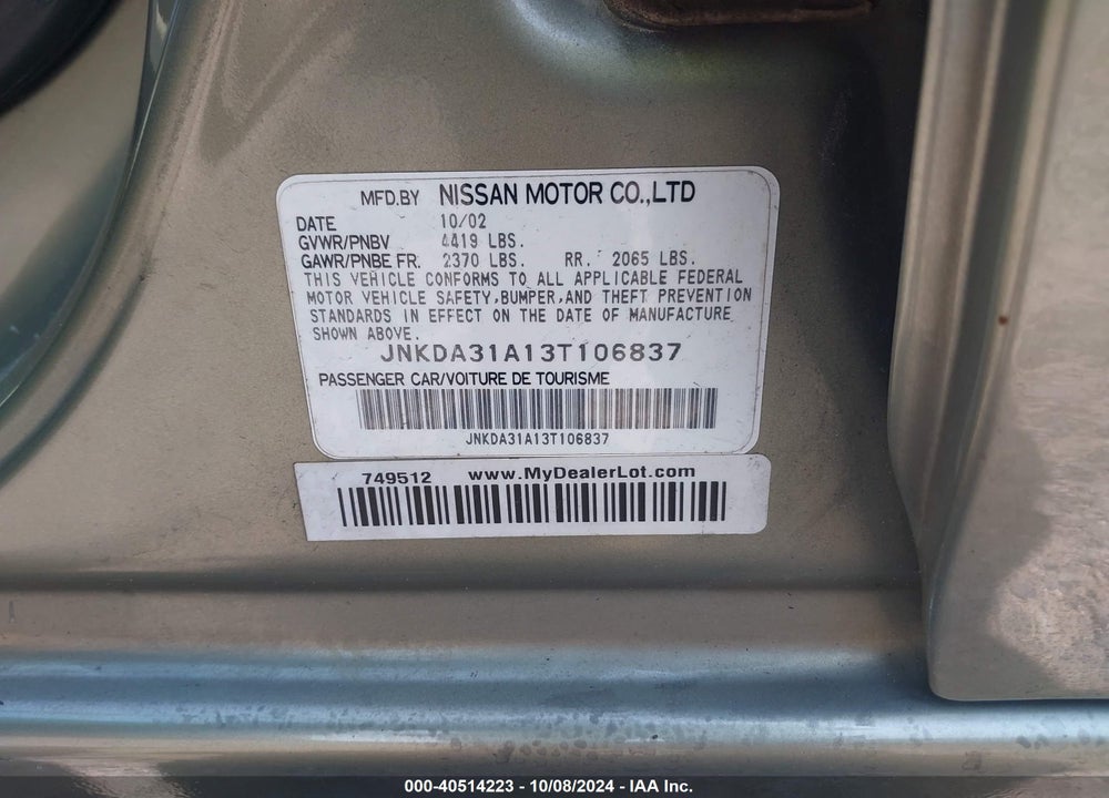 2003 INFINITI I35 VIN: JNKDA31A13T106837