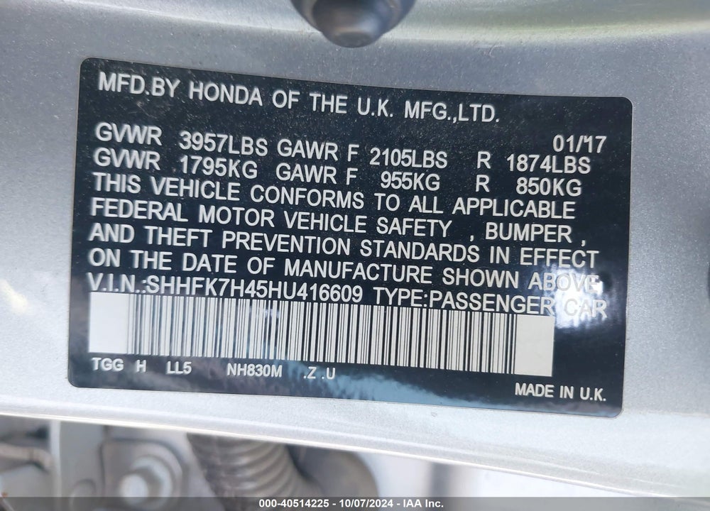 2017 HONDA CIVIC SPORT VIN: SHHFK7H45HU416609