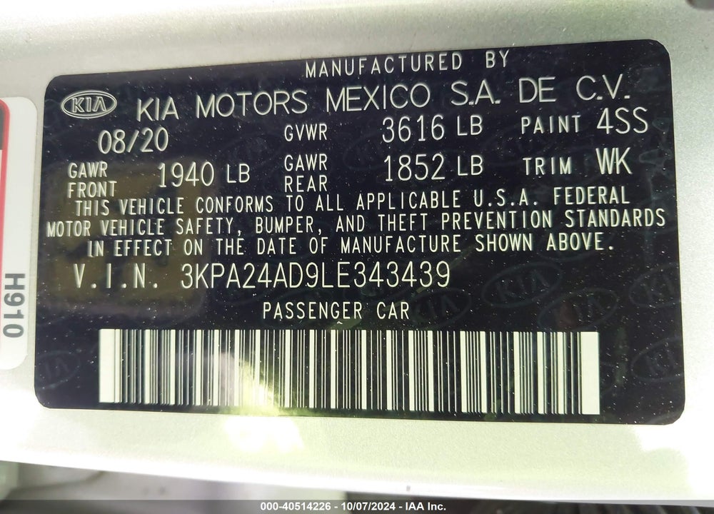 2020 KIA RIO LX VIN: 3KPA24AD9LE343439