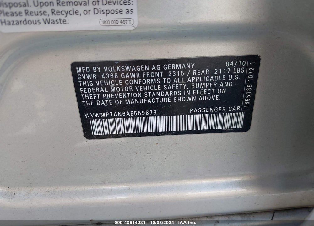 2010 VOLKSWAGEN CC SPORT VIN: WVWMP7AN6AE559878