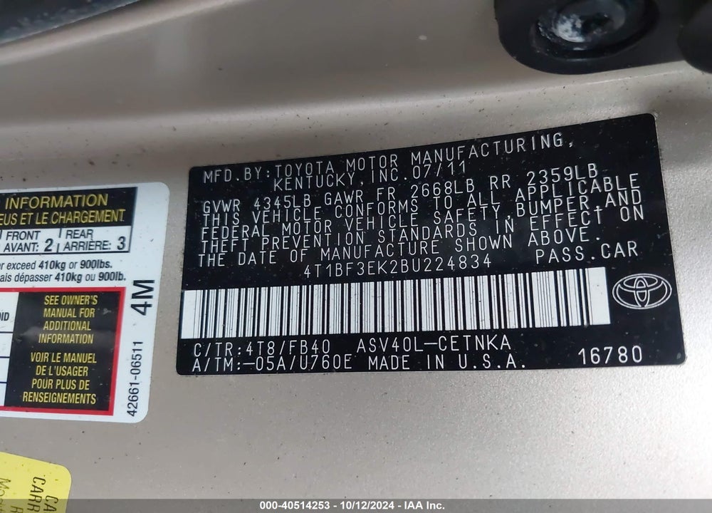 2011 TOYOTA CAMRY LE VIN: 4T1BF3EK2BU224834