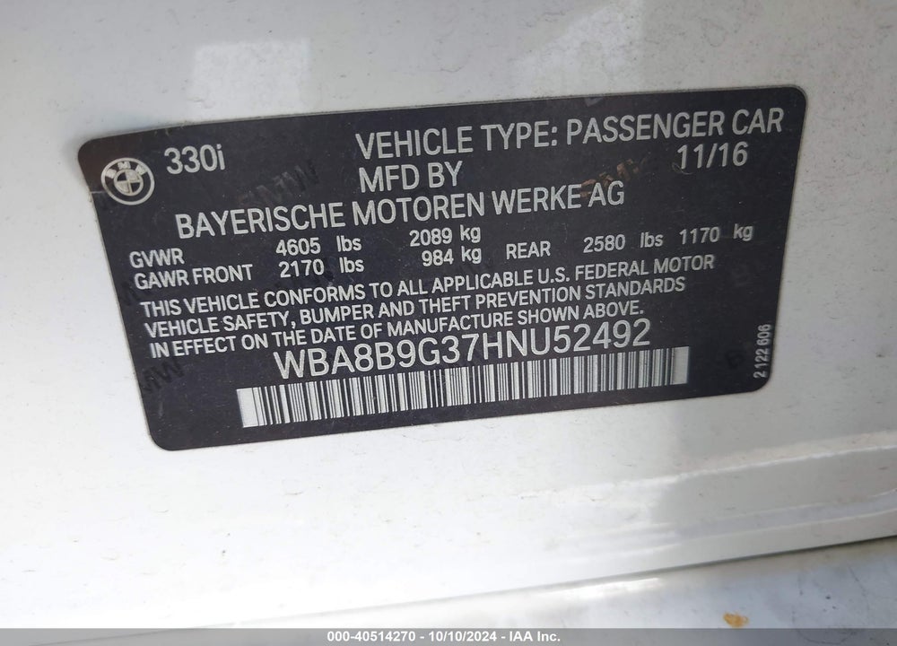 2017 BMW 330I VIN: WBA8B9G37HNU52492