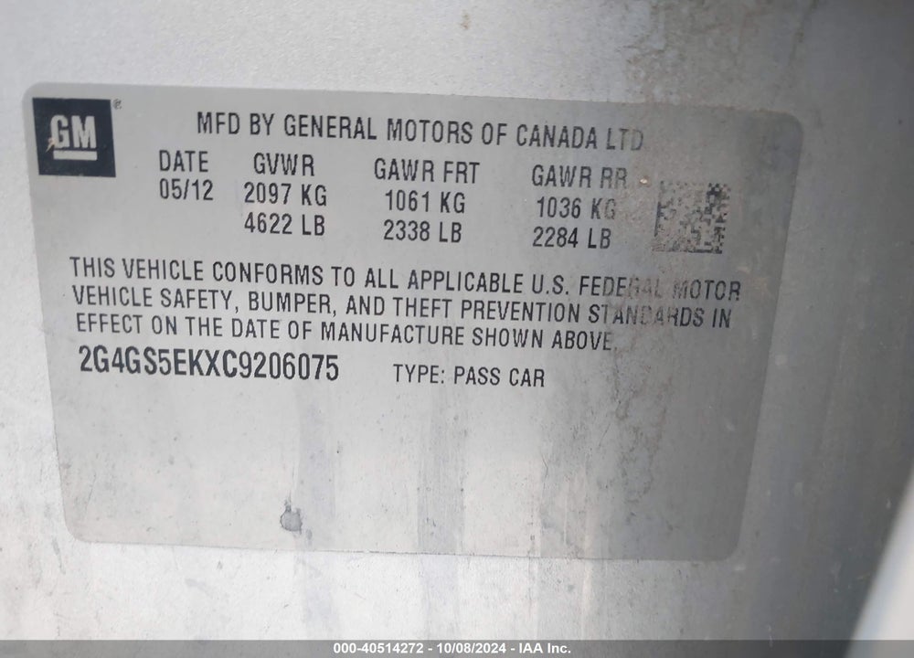 2012 BUICK REGAL PREMIUM 1 VIN: 2G4GS5EKXC9206075