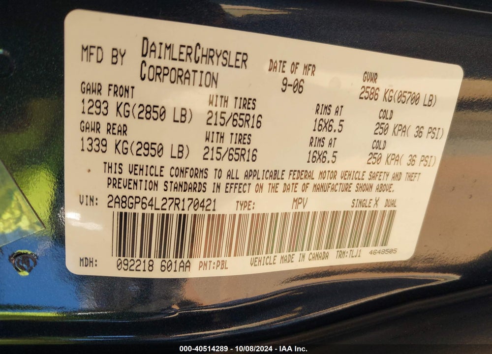 2007 CHRYSLER TOWN & COUNTRY LIMITED VIN: 2A8GP64L27R170421