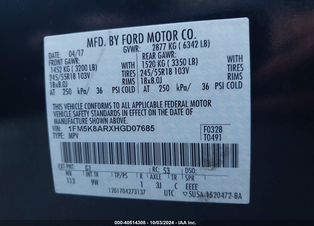 2017 FORD UTILITY POLICE INTERCEPTOR VIN: 1FM5K8ARXHGD07685