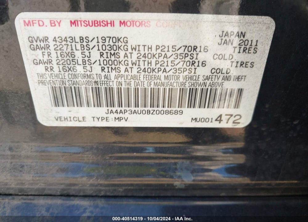 2011 MITSUBISHI OUTLANDER SPORT ES VIN: JA4AP3AU0BZ008689