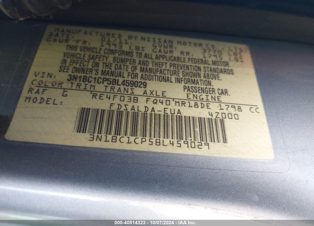 2011 NISSAN VERSA 1.8S VIN: 3N1BC1CP5BL459029