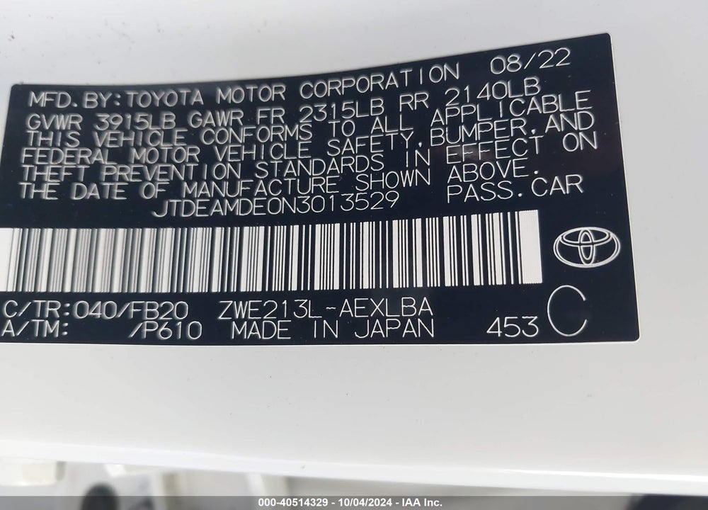 2022 TOYOTA COROLLA HYBRID LE VIN: JTDEAMDE0N3013529