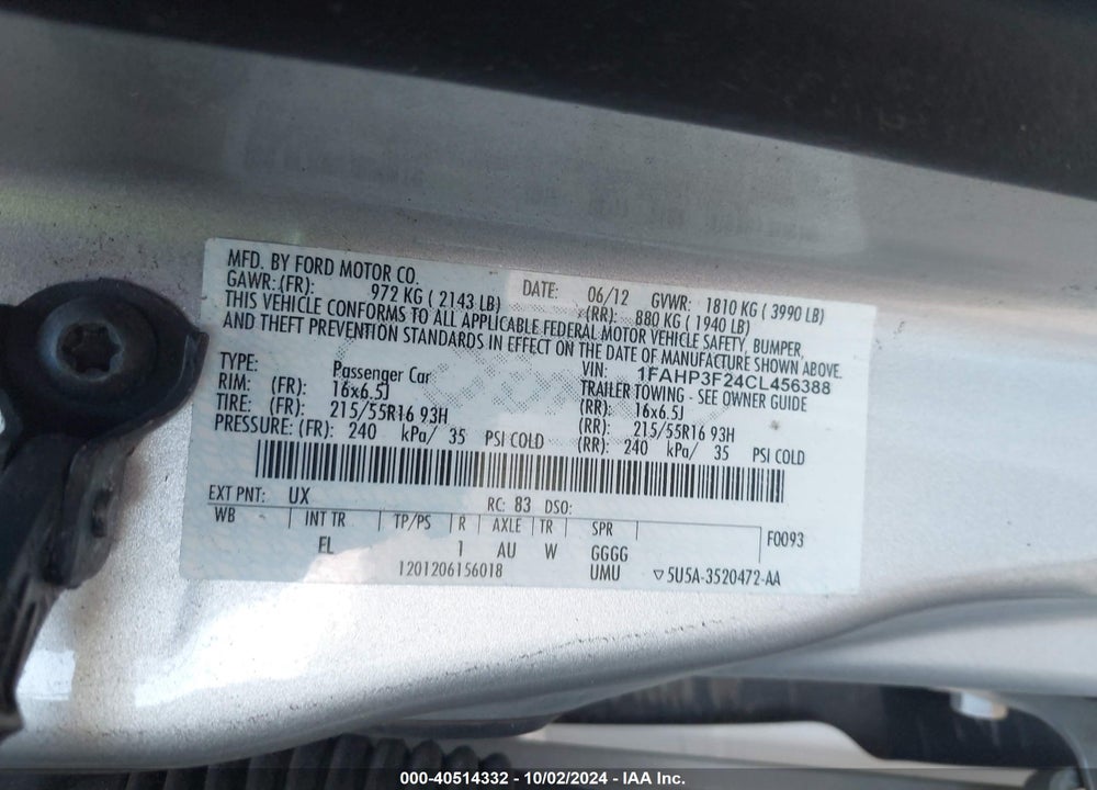 2012 FORD FOCUS SE VIN: 1FAHP3F24CL456388