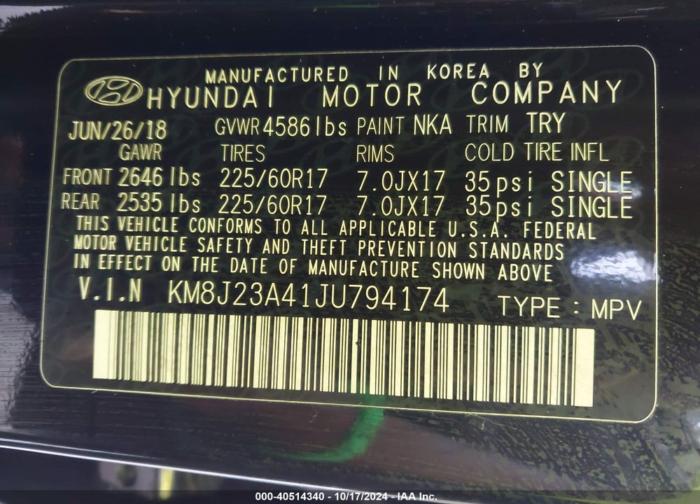 2018 HYUNDAI TUCSON SE VIN: KM8J23A41JU794174