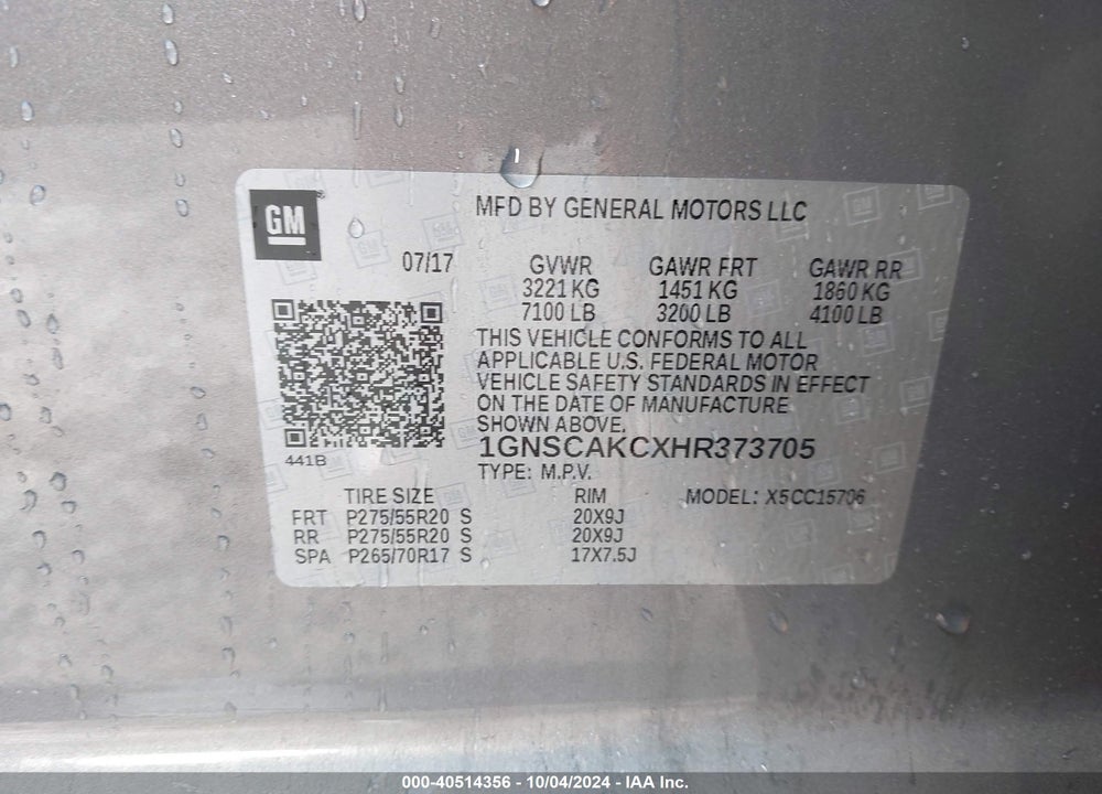 2017 CHEVROLET TAHOE LS VIN: 1GNSCAKCXHR373705