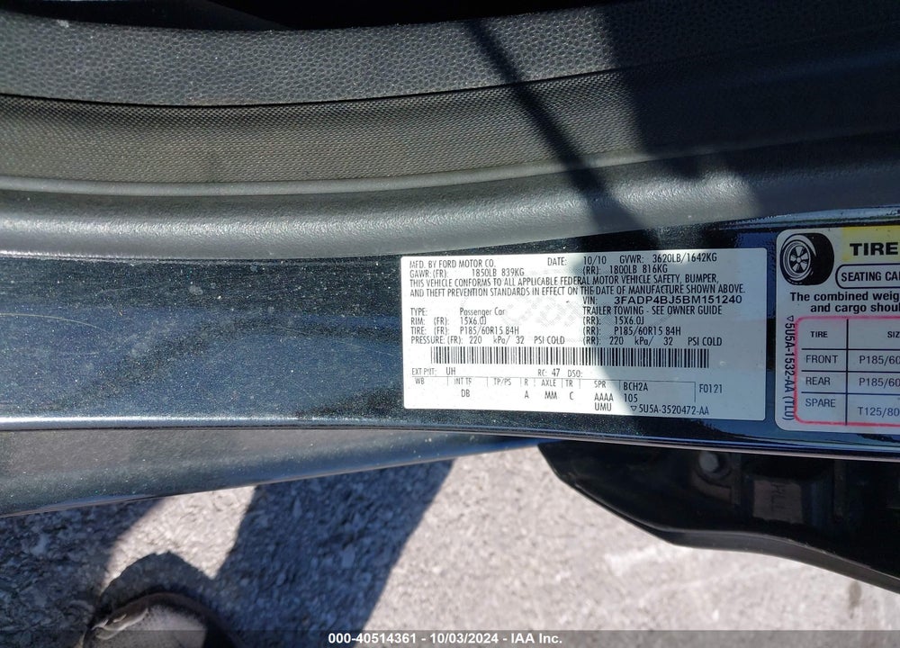 2011 FORD FIESTA SE VIN: 3FADP4BJ5BM151240