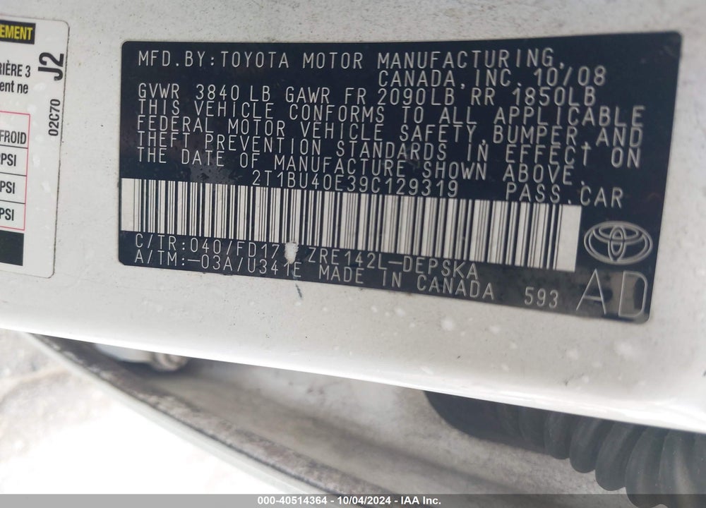 2009 TOYOTA COROLLA S VIN: 2T1BU40E39C129319