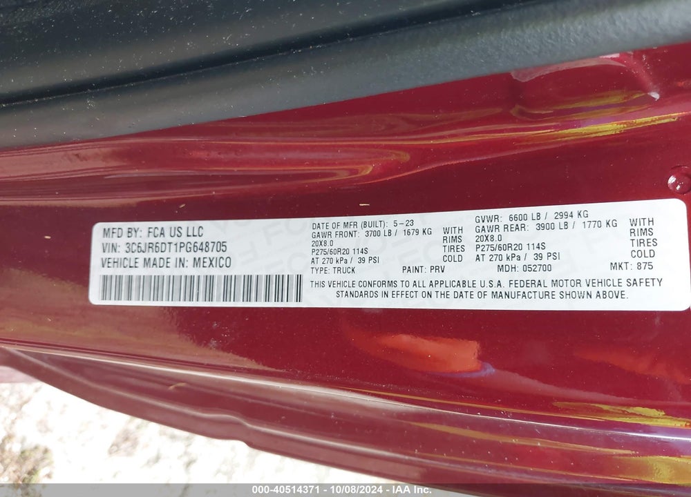 2023 RAM 1500 CLASSIC TRADESMAN 4X2 8' BOX VIN: 3C6JR6DT1PG648705