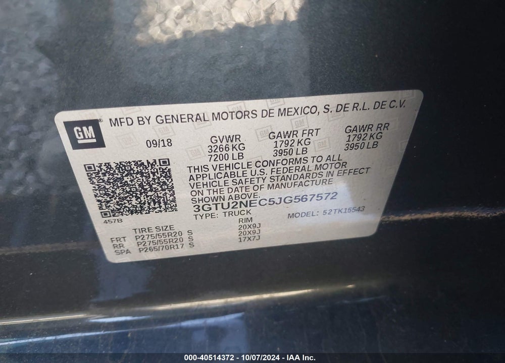 2018 GMC SIERRA 1500 SLT VIN: 3GTU2NEC5JG567572