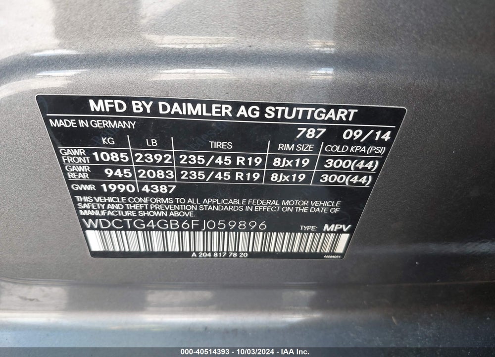 2015 MERCEDES-BENZ GLA 250 4MATIC VIN: WDCTG4GB6FJ059896