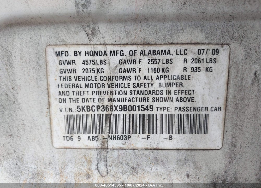 2009 HONDA ACCORD 3.5 EX-L VIN: 5KBCP368X9B001549
