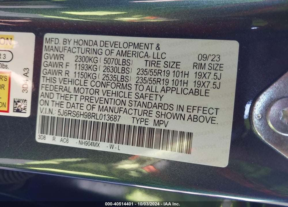 2024 HONDA CR-V HYBRID SPORT TOURING VIN: 5J6RS6H98RL013687