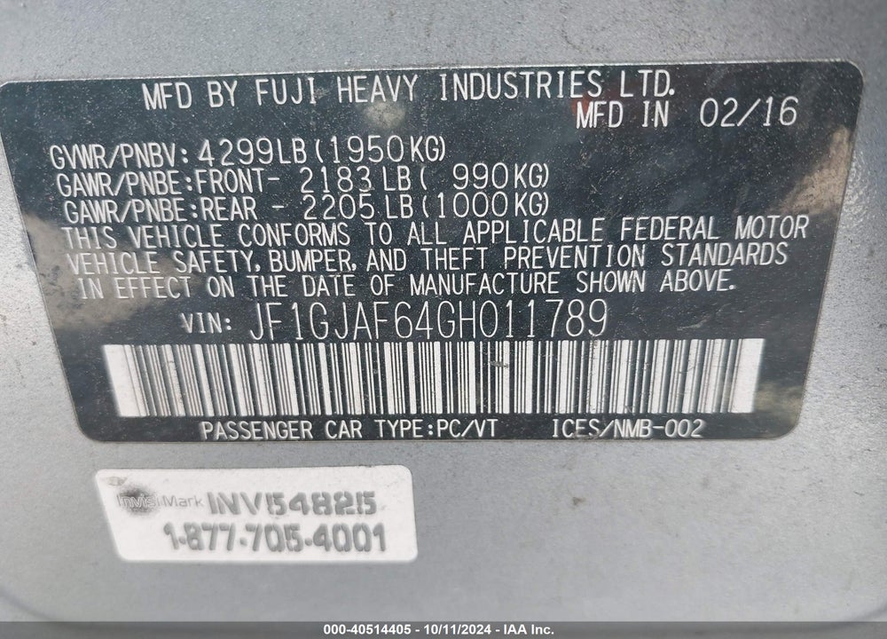 2016 SUBARU IMPREZA 2.0I PREMIUM VIN: JF1GJAF64GH011789