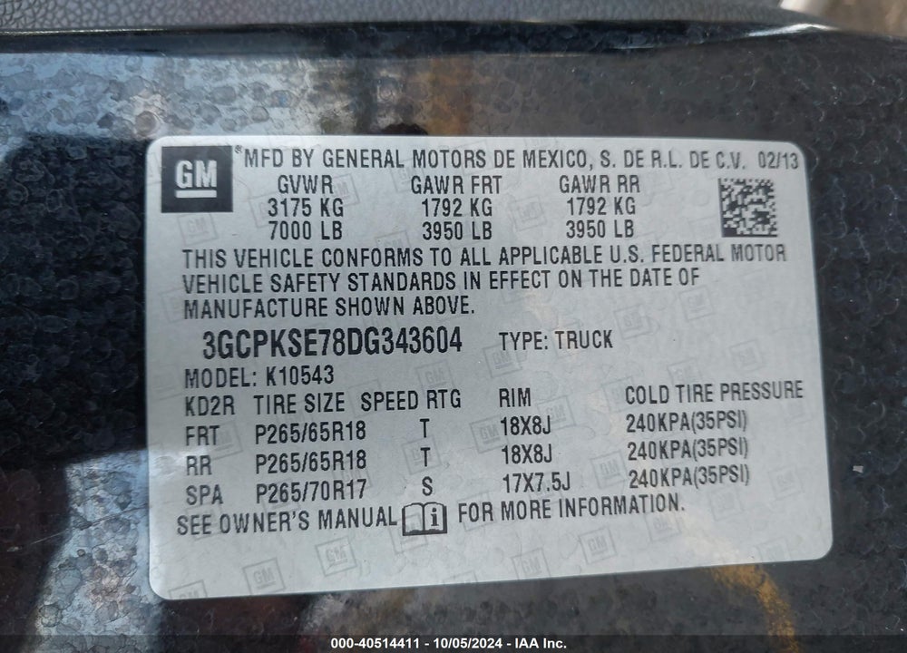 2013 CHEVROLET SILVERADO 1500 LT VIN: 3GCPKSE78DG343604