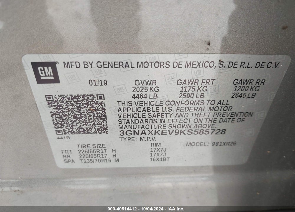 2019 CHEVROLET EQUINOX LT VIN: 3GNAXKEV9KS585728