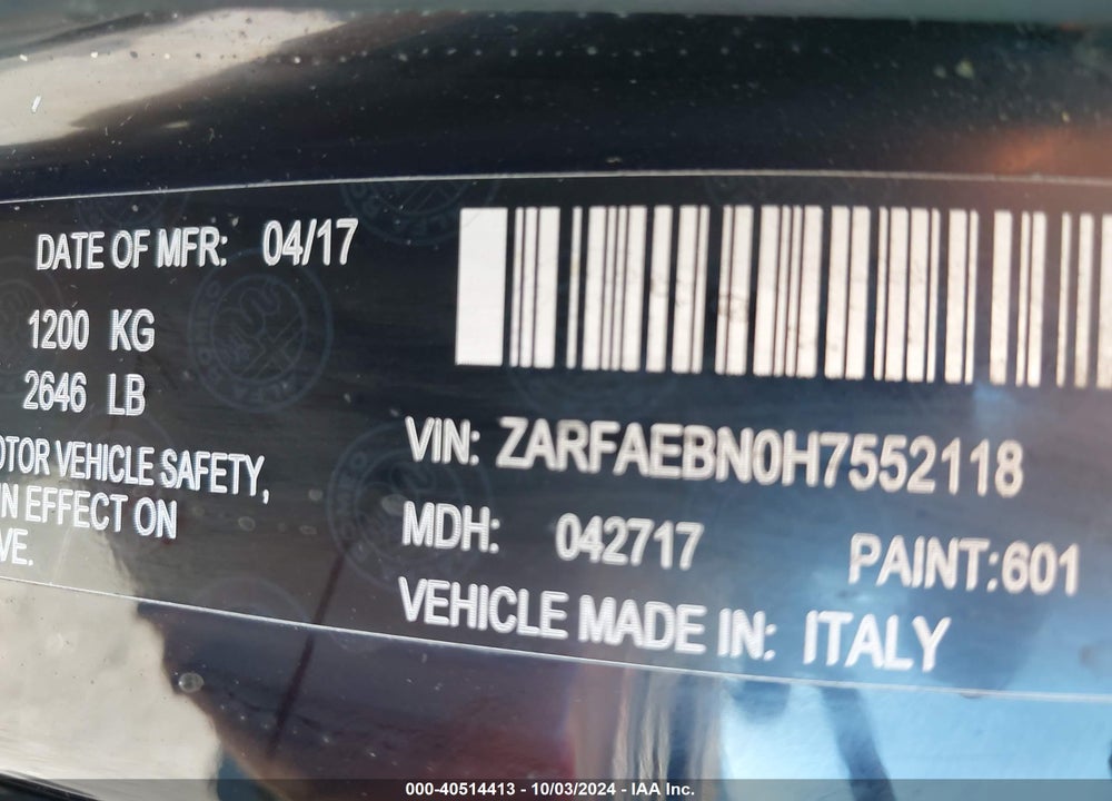 2017 ALFA ROMEO GIULIA RWD VIN: ZARFAEBN0H7552118
