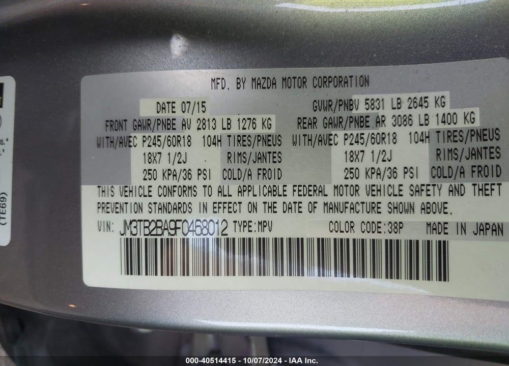 2015 MAZDA CX-9 SPORT VIN: JM3TB2BA9F0468012