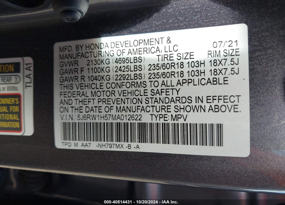 2021 HONDA CR-V 2WD EX VIN: 5J6RW1H57MA012622
