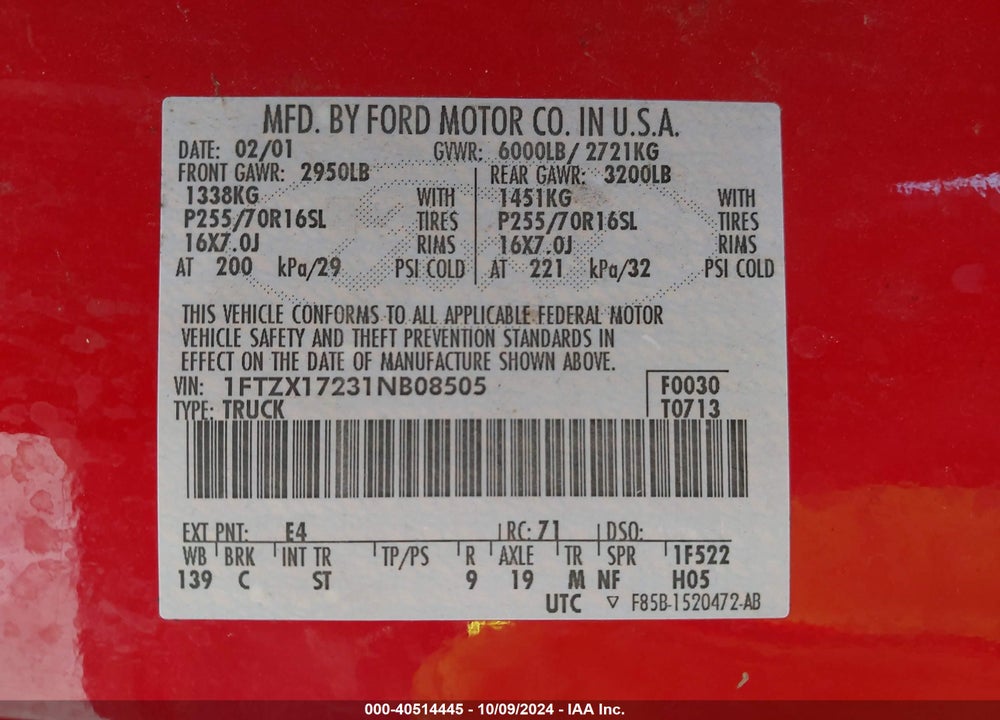 2001 FORD F-150 XL/XLT VIN: 1FTZX17231NB08505