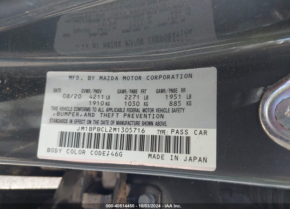 2021 MAZDA 3 VIN: JM1BPBCL2M1305716