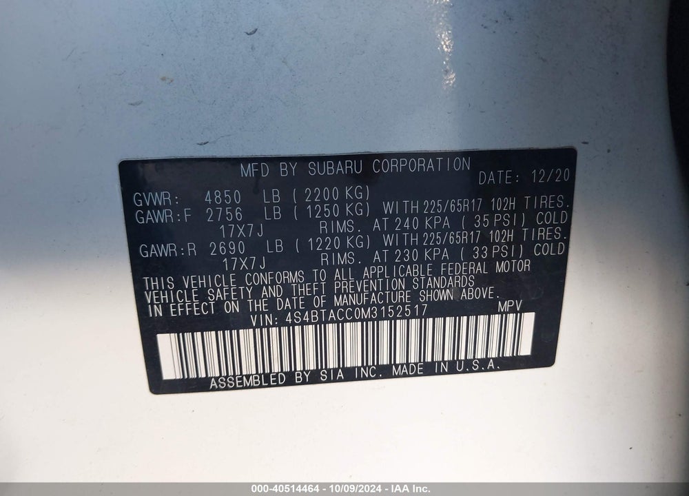 2021 SUBARU OUTBACK PREMIUM VIN: 4S4BTACC0M3152517