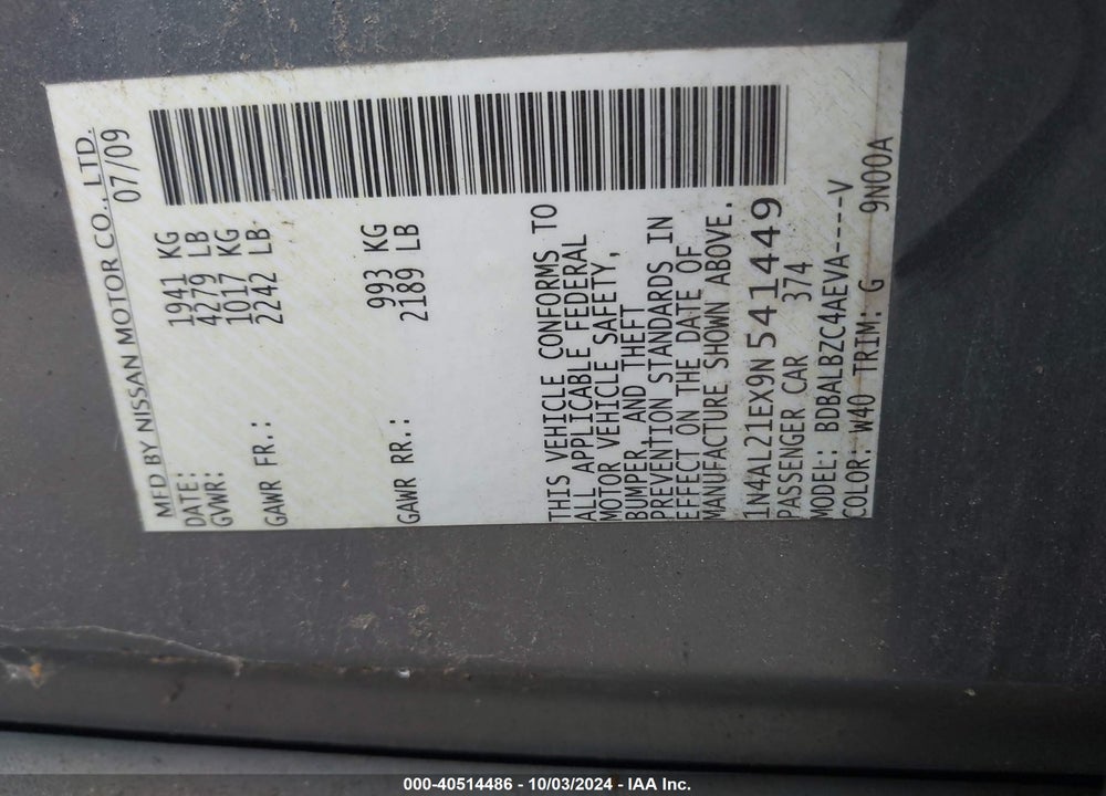 2009 NISSAN ALTIMA 2.5 S VIN: 1N4AL21EX9N541449