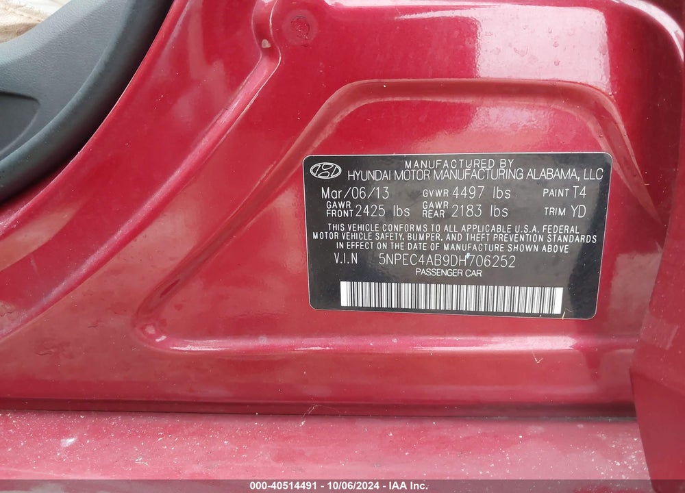 2013 HYUNDAI SONATA LIMITED 2.0T VIN: 5NPEC4AB9DH706252