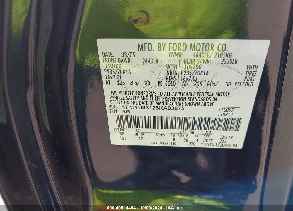 2006 FORD ESCAPE XLT/XLT SPORT VIN: 1FMYU93126KA83875