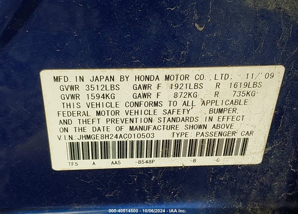 2010 HONDA FIT VIN: JHMGE8H24AC010503